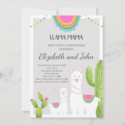 Lama mit Cactus Baby Shower Einladung (Vorderseite)