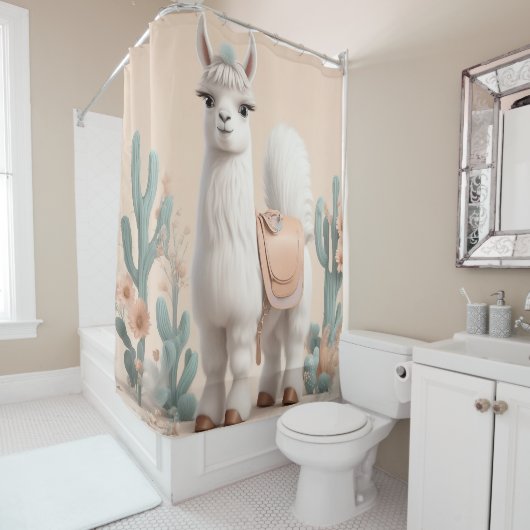 Lama mit Sattel in der Wüste Duschvorhang (Beispiel)