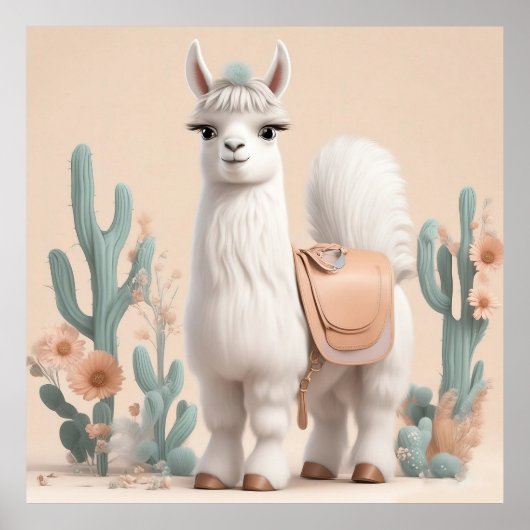 Lama mit Sattel in der Wüste Poster (Vorne)