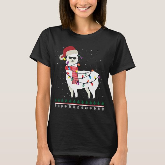 Lama mit Sonnenglas und Weihnachtsmannmütze Weihna T-Shirt (Vorderseite)