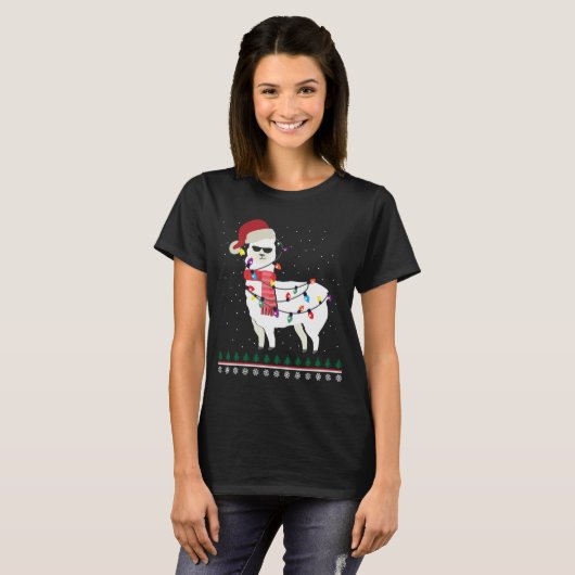 Lama mit Sonnenglas und Weihnachtsmannmütze Weihna T-Shirt (Vorne ganz)