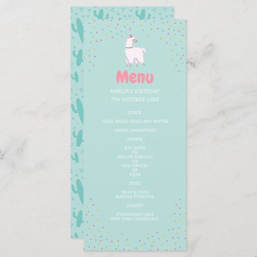 Lama Party Geburtstagsmenü Menükarte (Vorne/Hinten)