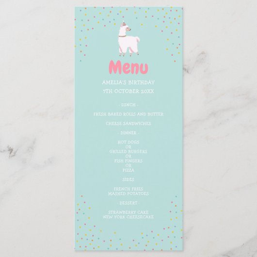 Lama Party Geburtstagsmenü Menükarte (Vorderseite)