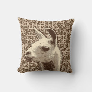 Lama Portrait auf Azteken Muster, Beige & Brown Kissen