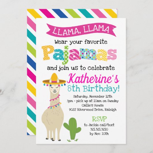 Lama-Pyjama-Geburtstags-Party Einladung (Vorne/Hinten)