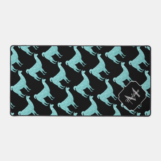 Lama-Türkis-Glitzern-Muster Monogram Schreibtischunterlage (Vorderseite)