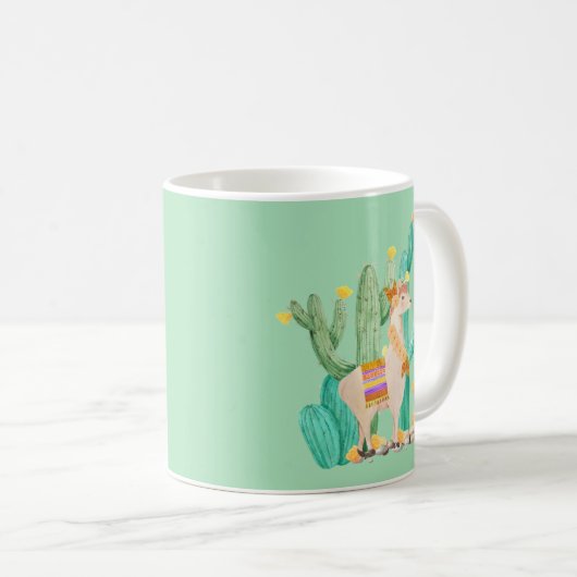 Lama-u. Kaktus-Aquarell-Illustrations-Minzen-Grün Kaffeetasse (VorderseiteRechts)