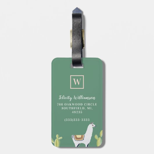 Lama-u. Kaktus-Muster-rosa u. grünes Monogramm Gepäckanhänger (Rückseite vertikal)