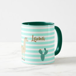 Lama und Kaktus auf grün-weißen Streifen Tasse