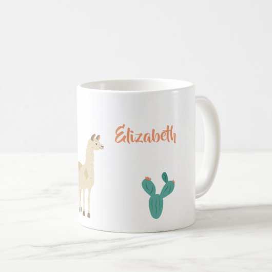 Lama und Kaktus auf Weiß fügen einen Namen hinzu Kaffeetasse (VorderseiteRechts)