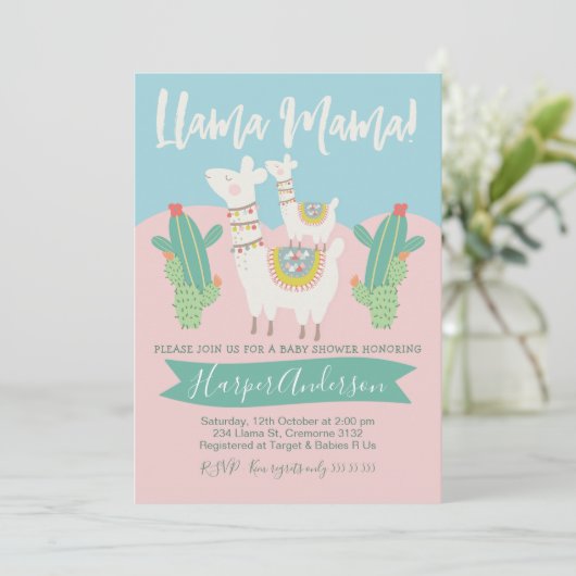 Lama-und Kaktus Babyparty-Einladung Einladung (Stehend Vorderseite)