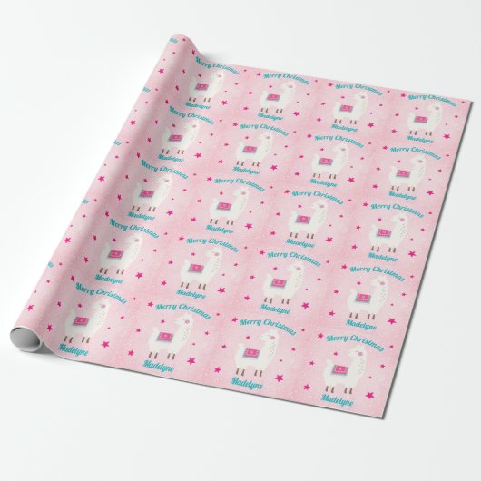 Lama Weihnachten Pink Snow Stars Personalisiert Geschenkpapier (Ungerollt)