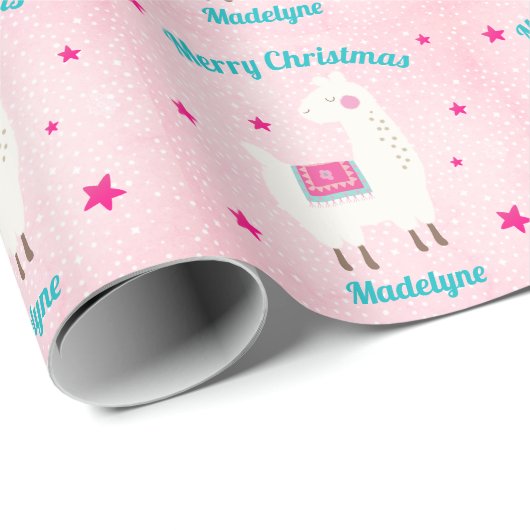Lama Weihnachten Pink Snow Stars Personalisiert Geschenkpapier (Rolleneckpunkt)