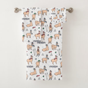 Lamas in Hut-u. Schal-Ski fahrendem Muster Badhandtuch Set