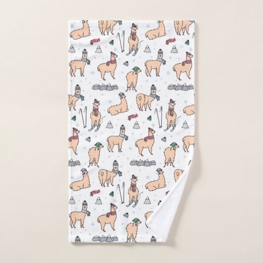 Lamas in Hut-u. Schal-Ski fahrendem Muster Badhandtuch Set (Handtuch)