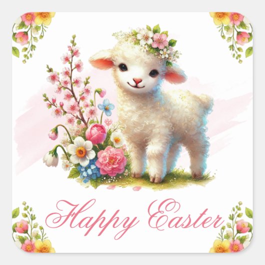 Lamb and Spring Flowers Happy Easter Quadratischer Aufkleber (Vorderseite)