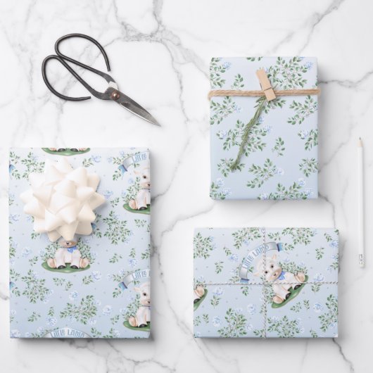 Lamb Blue Floral Baby Duschpapier Geschenkpapier Set (Vorderseite)