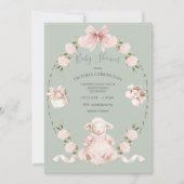 Lamb Floral Hydrangeas Pink Sage Girl Baby Shower Einladung (Vorderseite)