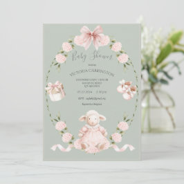 Lamb Floral Hydrangeas Pink Sage Girl Baby Shower Einladung