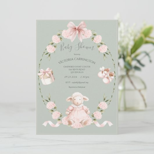 Lamb Floral Hydrangeas Pink Sage Girl Baby Shower Einladung (Stehend Vorderseite)