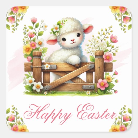 Lamb, Flower Crown & Wooden Gate Happy Easter Quadratischer Aufkleber (Vorderseite)