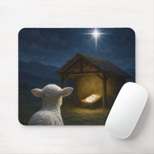 Lamb Gazing at Baby Jesus In a Manger Mousepad (Mit Mouse)
