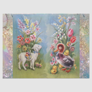 LAMB, KLEINER DUCK, SCHICKEN, OSTERE EIER MIT BLUM SEIDENPAPIER