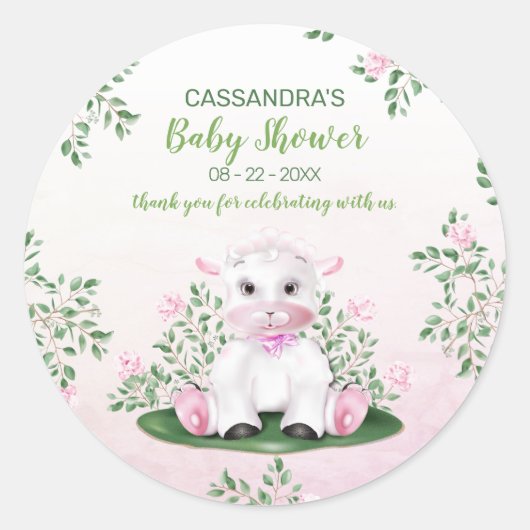 Lamb Pink Floral Baby Dusche Runder Aufkleber (Vorderseite)