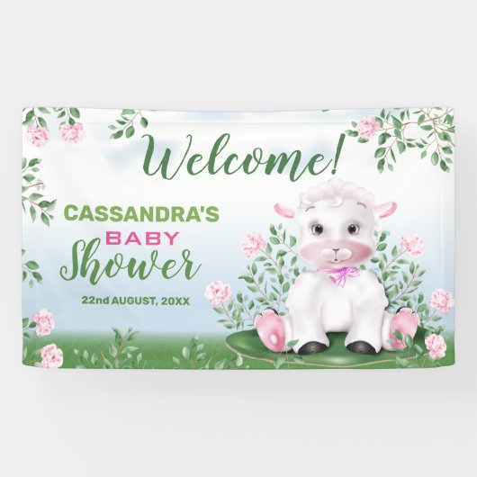 Lamb Pink Roses Floral Baby Dusche Banner (Horizontal)