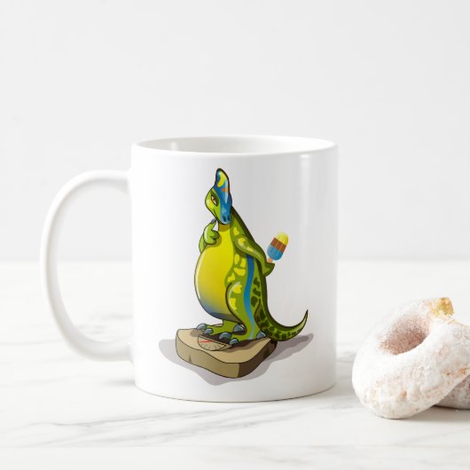 Lambeosaurus Stehend auf Gewichtsskala. Kaffeetasse (Mit Donut)