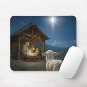 Lamm beobachtet die Weihnachtskrippe Mousepad