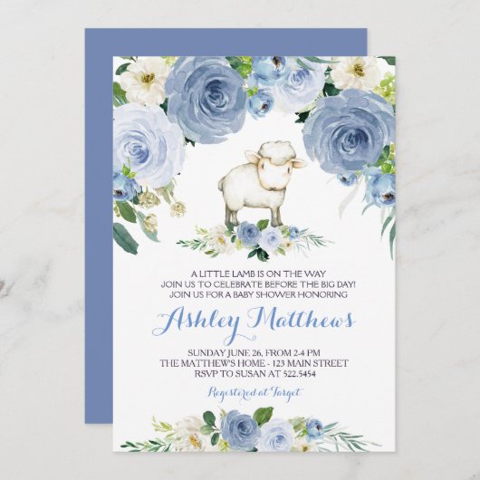 Lamm-Blau-Blume-Babydusche Einladung (Vorne/Hinten)