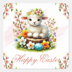 Lamm, Blumen & Eier Frohe Ostern Quadratischer Aufkleber