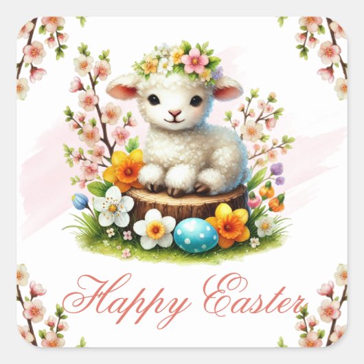 Lamm, Blumen & Eier Frohe Ostern Quadratischer Aufkleber (Vorderseite)