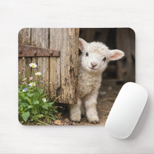 Lamm lugt hinter einer Scheunentür hervor Mousepad (Mit Mouse)