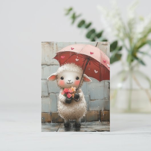 Lamm mit Blume und Schirm Postkarte (Stehend Vorderseite)