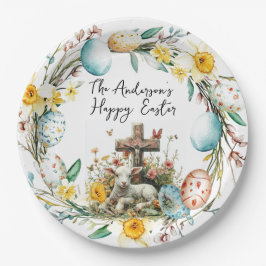 Lamm mit Crosss-I-Eiern und blumengeschmückten Ost Pappteller