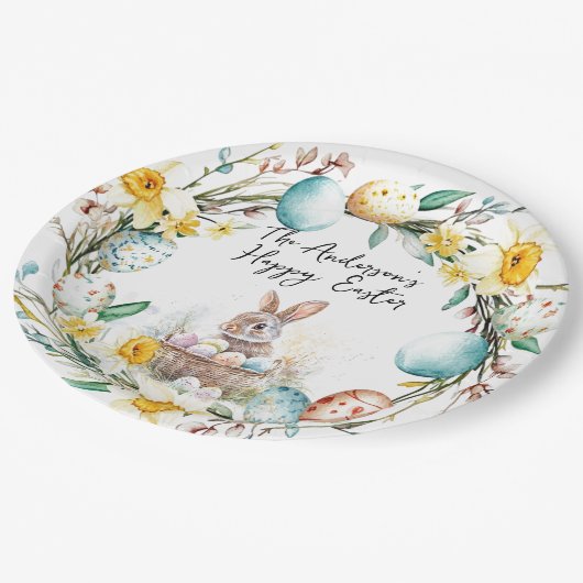 Lamm mit Crosss-I-Eiern und blumengeschmückten Ost Pappteller (Schrägansicht)