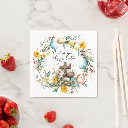 Lamm mit Crosss-I-Eiern und blumengeschmückten Ost Serviette (Beispiel)