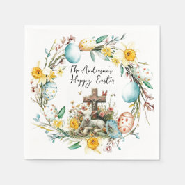 Lamm mit Crosss-I-Eiern und blumengeschmückten Ost Serviette