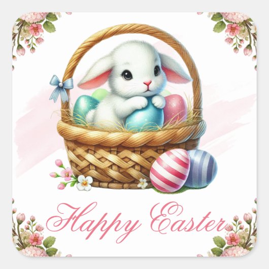 Lamm und Frühlingsblumen Frohe Ostern Quadratischer Aufkleber (Vorderseite)