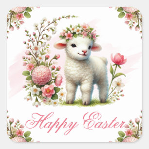 Lamm und Frühlingsblumen Frohe Ostern Quadratischer Aufkleber