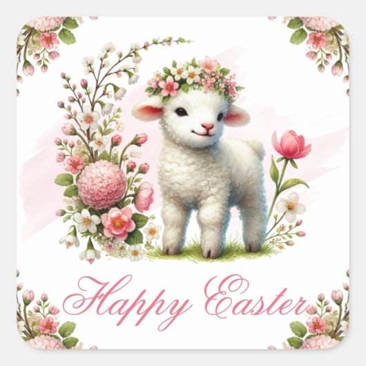 Lamm und Frühlingsblumen Frohe Ostern Quadratischer Aufkleber (Vorderseite)