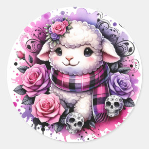 Lammaufkleber mit Schädel und Rose Runder Aufkleber