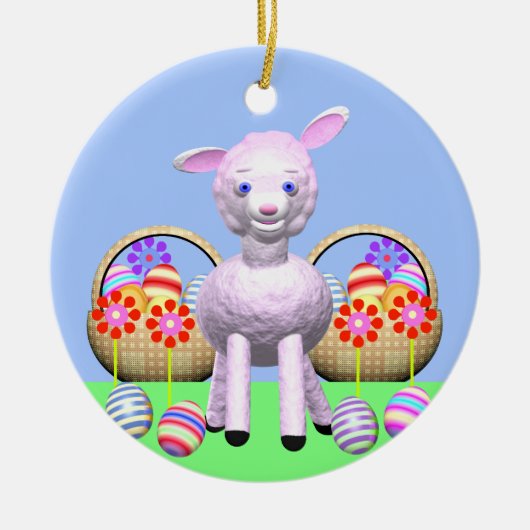 Lämmer, Blume und Körbe für verspielte Ostern Keramikornament (Vorne)
