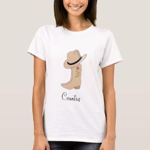 Land-Beige-Hut und Stiefel mit Blume T-Shirt