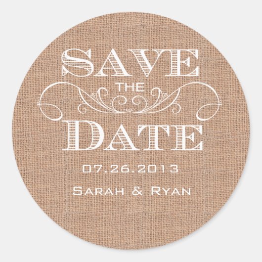 Land Burlap Print Save the Date Aufkleber (Vorderseite)