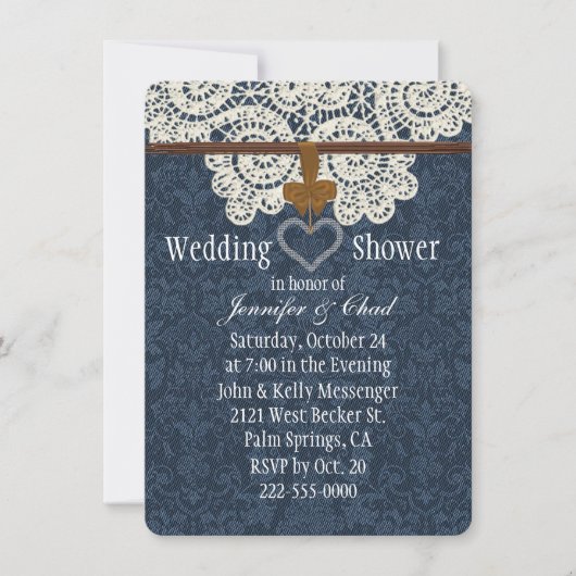 Land-Denim-u. Elfenbein-Spitze-Polterabend Einladung (Vorderseite)