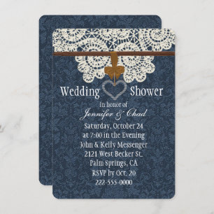 Land-Denim-u. Elfenbein-Spitze-Polterabend Einladung