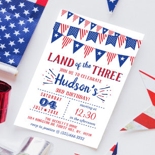 Land der Drei! 4. Juli 3. Geburtstag Party Einladung